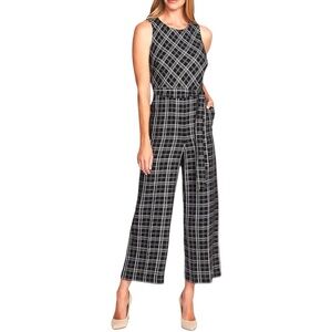 Vince Camuto Cropped Jumpsuit with Pockets, Wide Leg Windowpane Plaid